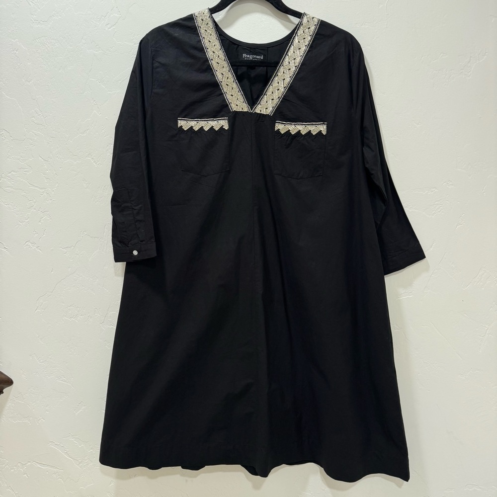 Fragonard Women's T1 Small Dress Black Gold Trim Embroidered 100% Cotton *HOLE